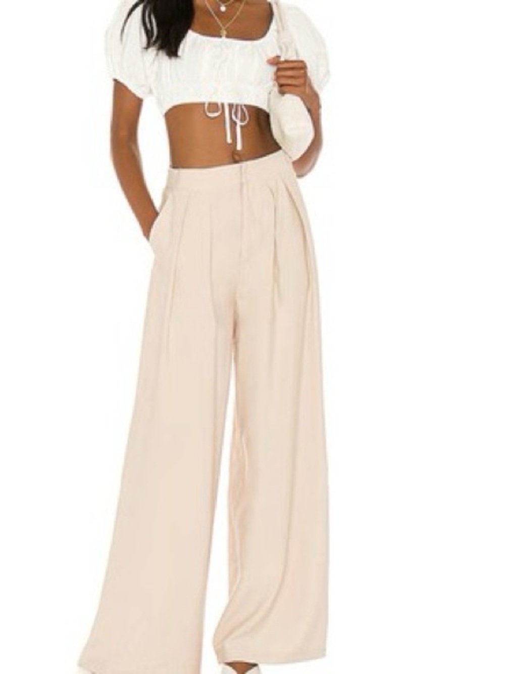 SNDYS High-Waist Wide Leg Cream Trousers